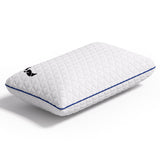 White quilted pillow with a blue edge on a white background