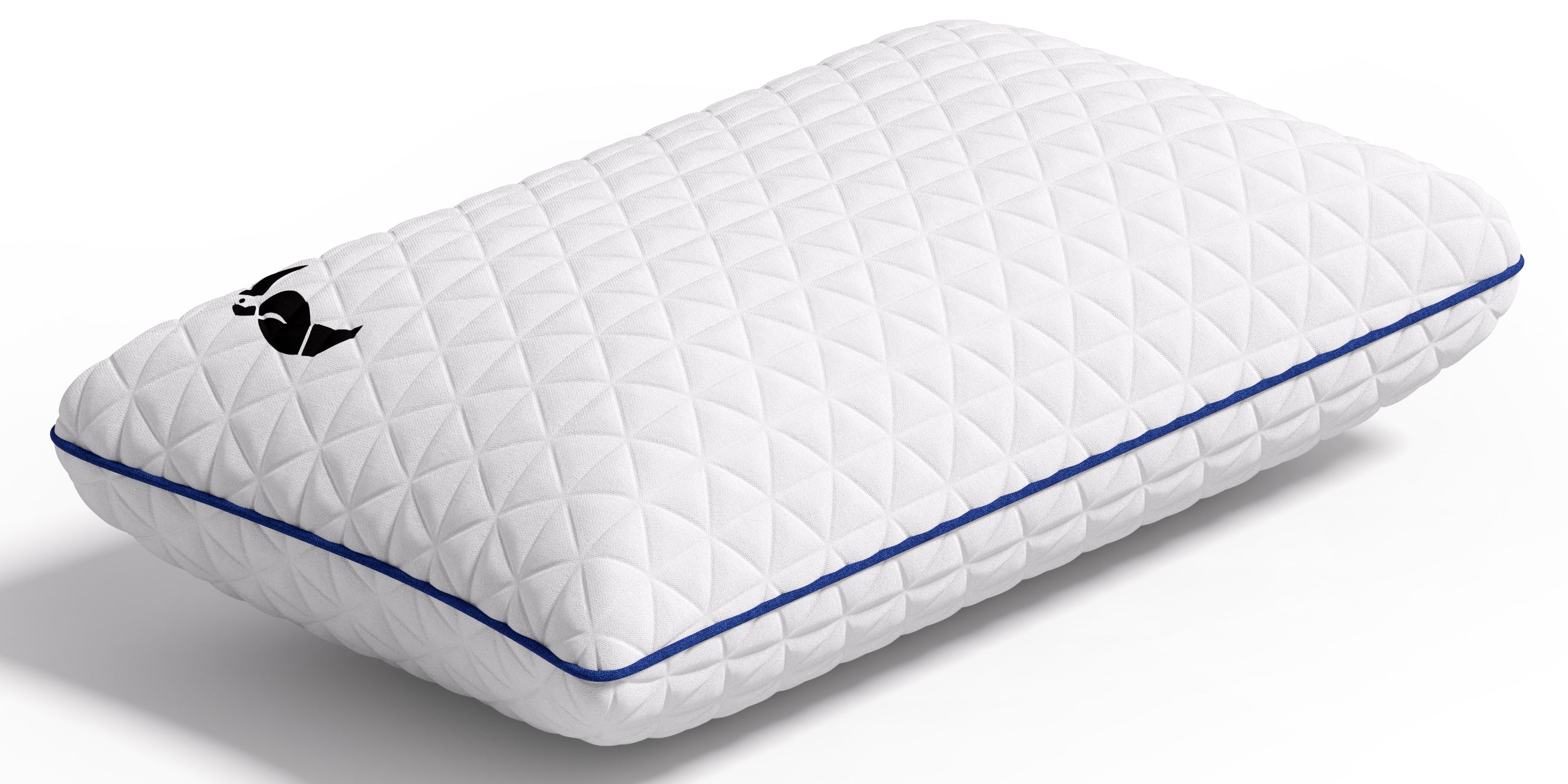 White quilted pillow with a blue edge on a white background