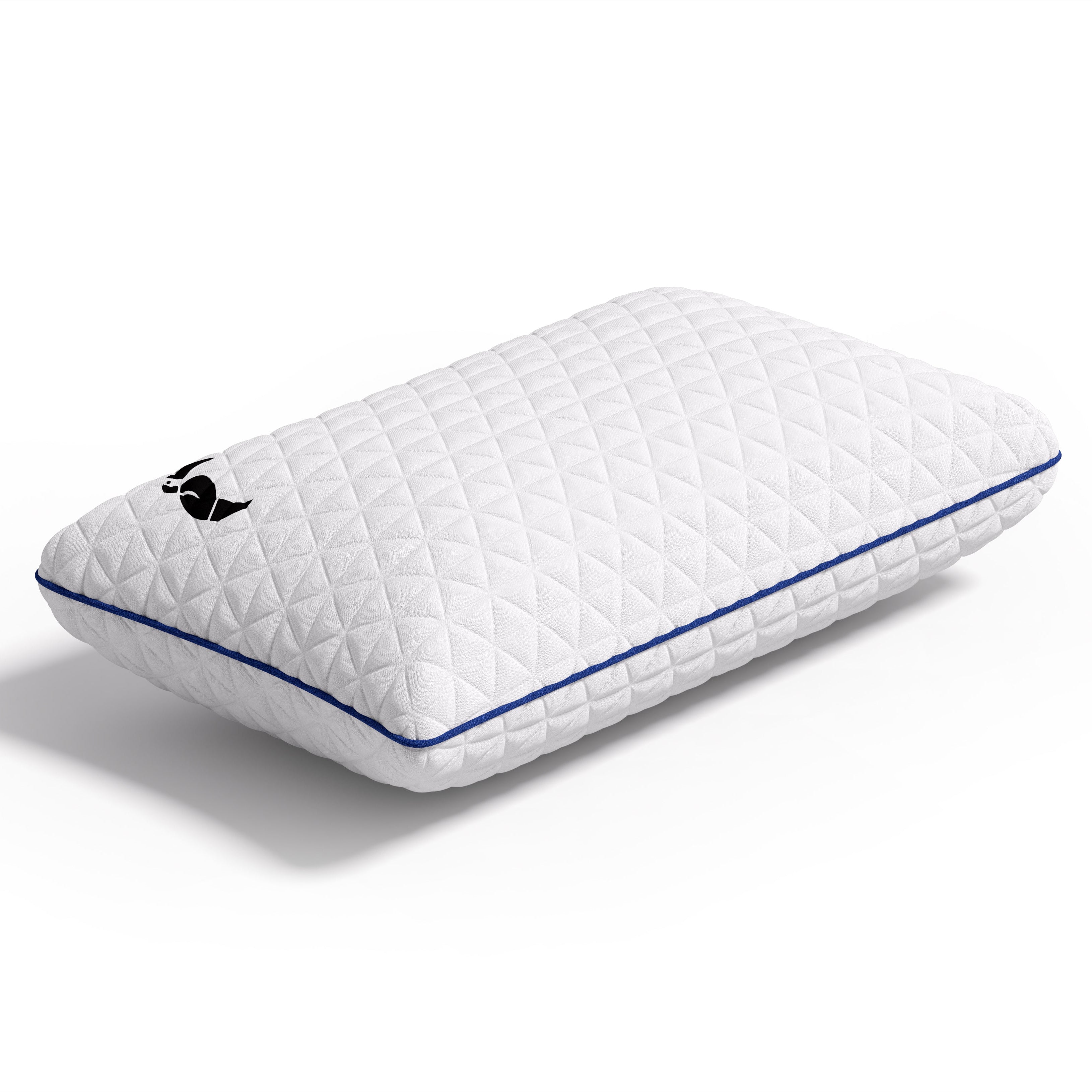 White quilted pillow with a blue edge on a white background