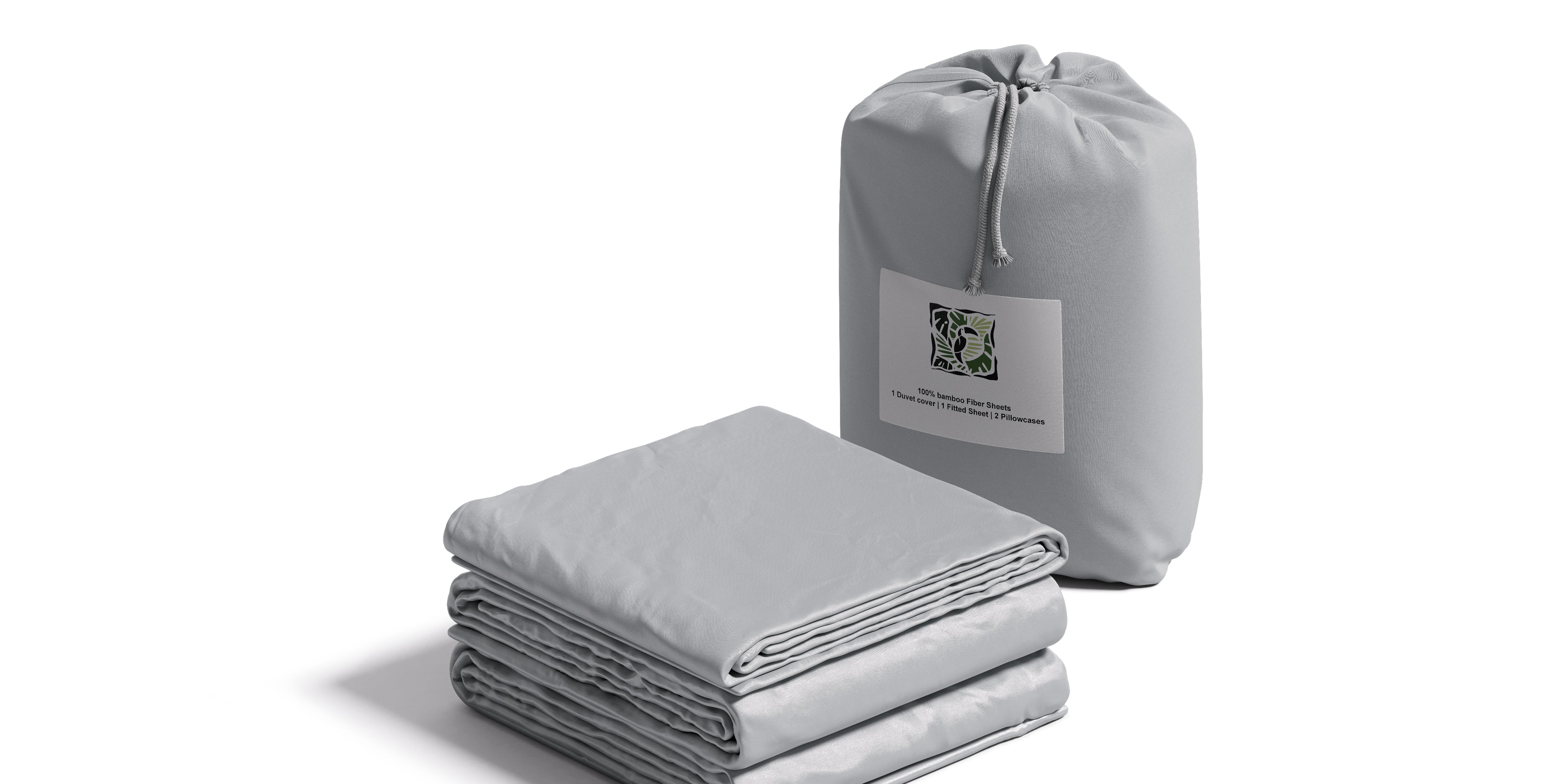 Gray folded blanket and packaging on a white background
